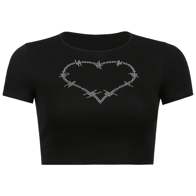 Punk Vintage Rhinestone Spider Goth Graphic T Shirt Women Y2k Style Crop Top O-neck Tshirt Black Streetwear Short Sleeve T-shirt