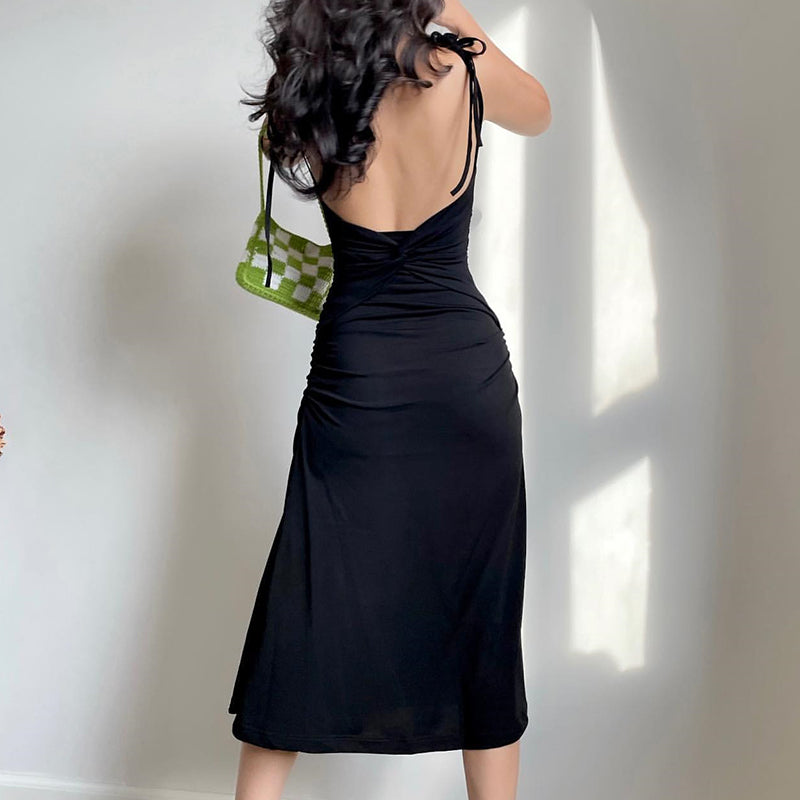 Fashion Strappy Ruched Sexy Black Dress Irregular Elegant Backless Long Dress Party Summer Dresses Women Clothes