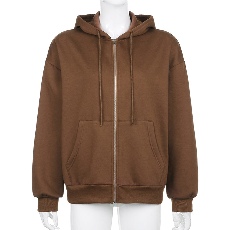 Rockmore Brown Hoodies Women'S Sweatshirts Hoodie Pocket Jacket Harajuku Clothing Femme Autumn Hooded Zipper Top Korean