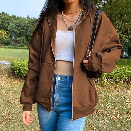 Rockmore Brown Hoodies Women'S Sweatshirts Hoodie Pocket Jacket Harajuku Clothing Femme Autumn Hooded Zipper Top Korean