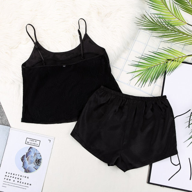Backless Satin Sexy Pajamas Black Lace Pajamas With Pants Loose Spaghetti Strap Intimate Lingerie Sleepwear Women Pj Set