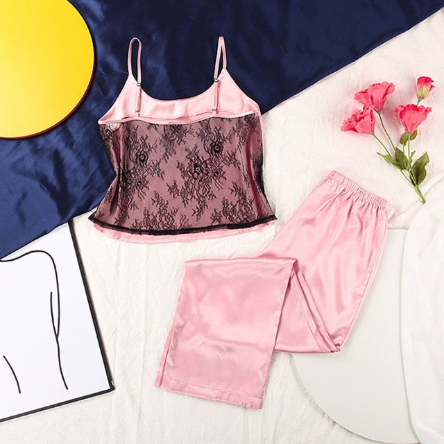 Backless Satin Sexy Pajamas Black Lace Pajamas With Pants Loose Spaghetti Strap Intimate Lingerie Sleepwear Women Pj Set