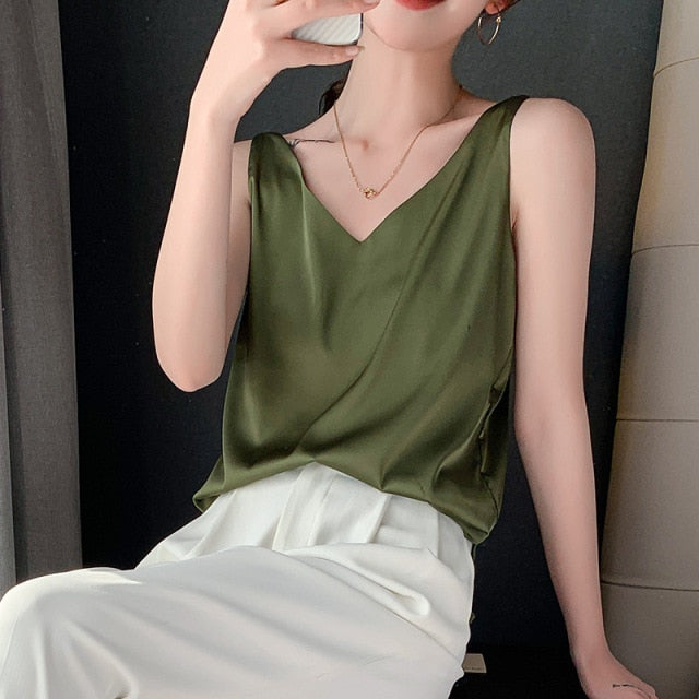 Strap Top Women Halter V Neck Basic White Cami Sleeveless Satin Silk Tank Tops Women's Summer Camisole Plus Size