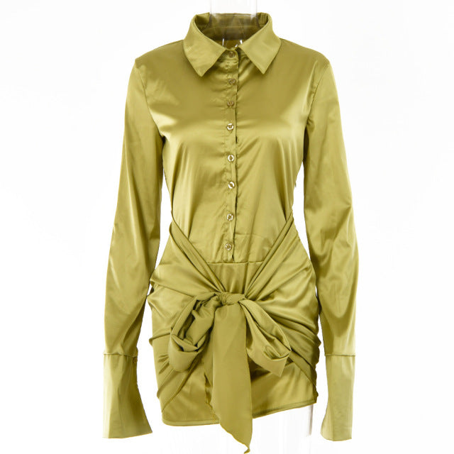 Fashion Long Sleeve Bandage Satin Mini Dresses Women's Autumn Turn Down Collar Sexy Party Dress Femme Evening Clothes
