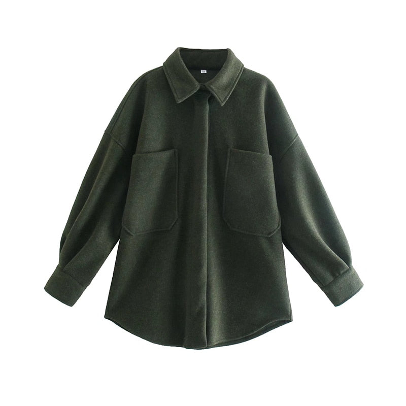 Casual Woman Camel Loose Pocket Woolen Shirt Fashion Ladies Autumn Long Sleeve Thick Blouse Coat Female Long Outwear