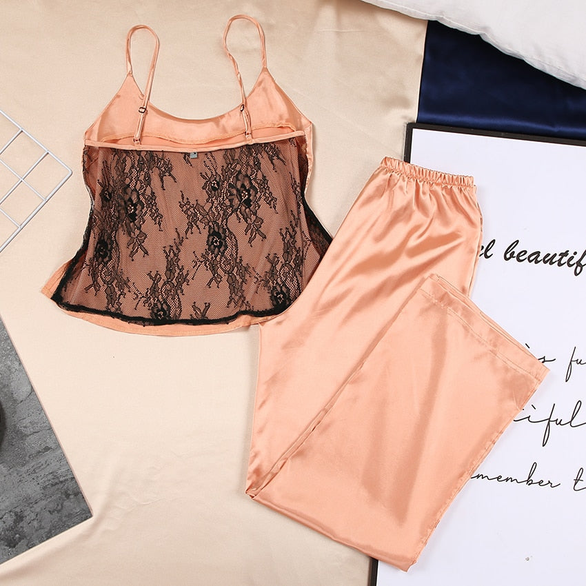 Backless Satin Sexy Pajamas Black Lace Pajamas With Pants Loose Spaghetti Strap Intimate Lingerie Sleepwear Women Pj Set