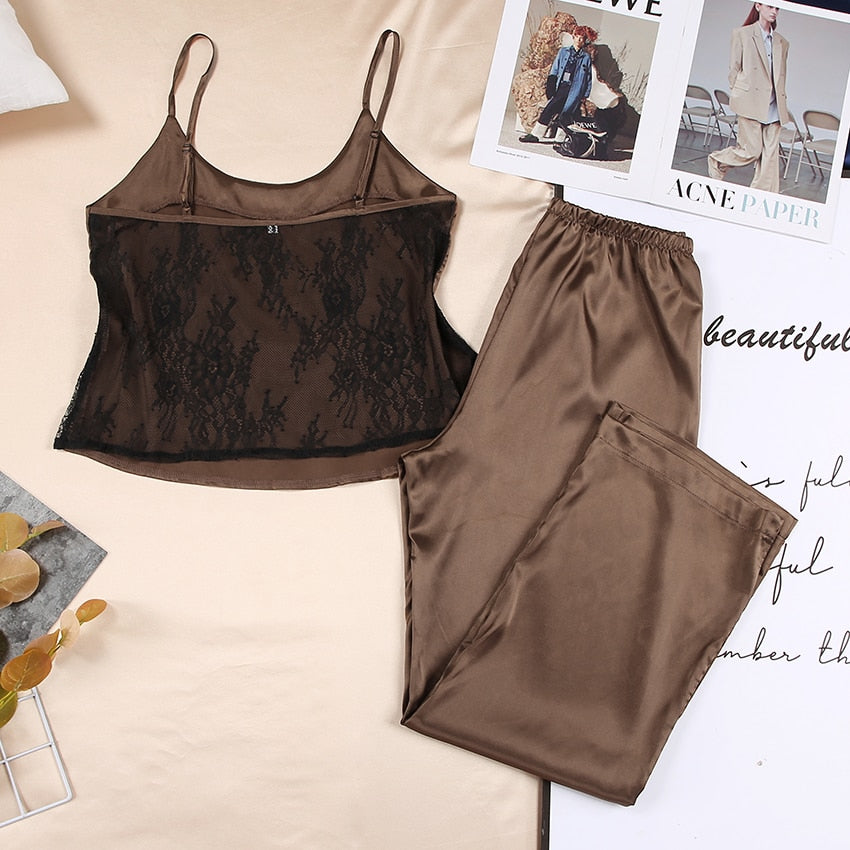 Backless Satin Sexy Pajamas Black Lace Pajamas With Pants Loose Spaghetti Strap Intimate Lingerie Sleepwear Women Pj Set