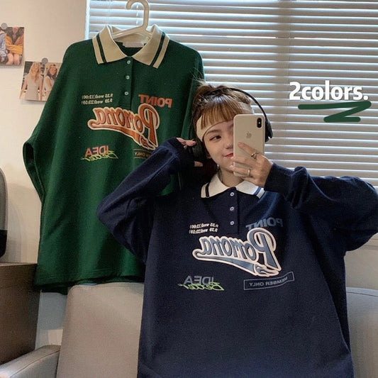 Vintage Polo Collar Oversized Hoodies Women Korean Autumn Letter Print Sweatshirt Harajuku Bear Tops Long Sleeve Plus Size