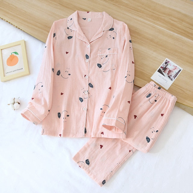 Ladies Pajamas Set 100% Gauze Cotton Cartoon Dog Printed Pyjamas Women 2Pcs Turn-down Neck Shirt+Pants Comfort Nature Sleepwear