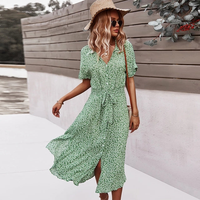 Spring Women Bandage Dress Summer New Casual Floral Print Beach Dress Vintage Button Holiday Ladies Chic Dresses Vestidos