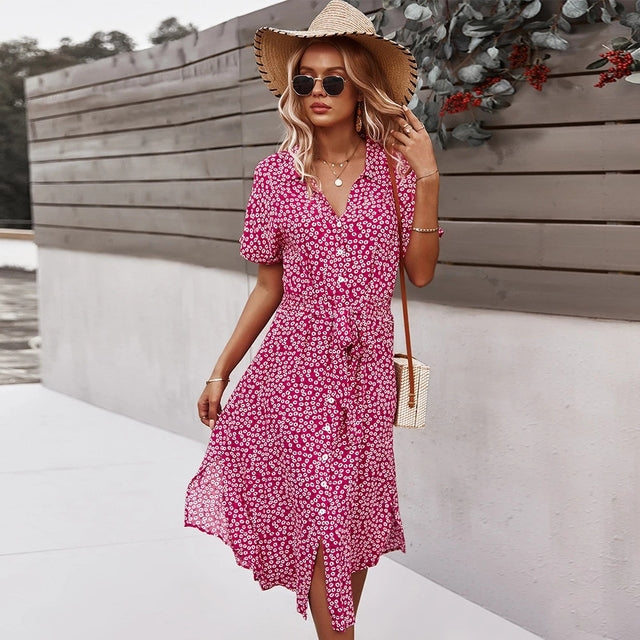 Spring Women Bandage Dress Summer New Casual Floral Print Beach Dress Vintage Button Holiday Ladies Chic Dresses Vestidos