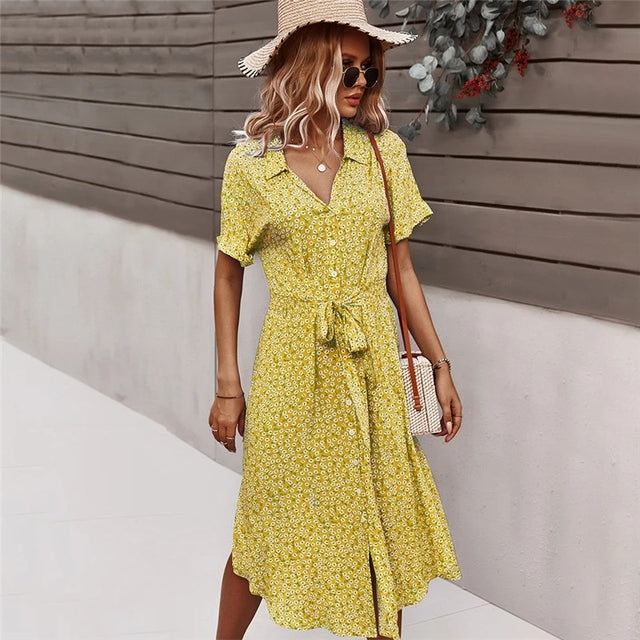 Spring Women Bandage Dress Summer New Casual Floral Print Beach Dress Vintage Button Holiday Ladies Chic Dresses Vestidos