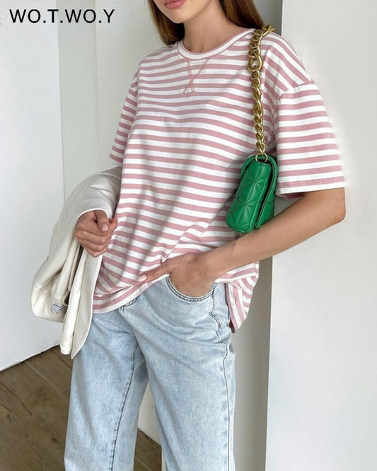 Summer Short Sleeve Striped T-Shirts Women Knitted Basic Casual Tops Female Cozy Loose Cotton Tees Harajuku Shirt