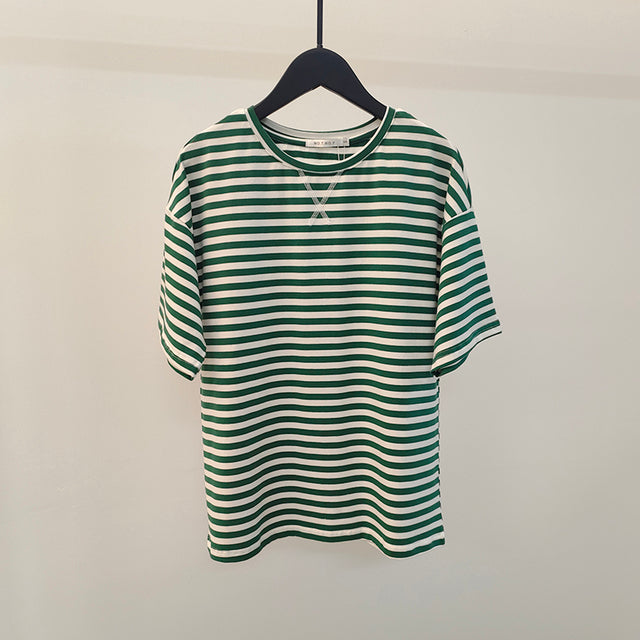 Summer Short Sleeve Striped T-Shirts Women Knitted Basic Casual Tops Female Cozy Loose Cotton Tees Harajuku Shirt