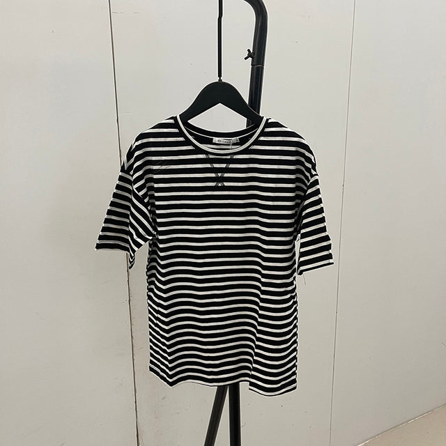 Summer Short Sleeve Striped T-Shirts Women Knitted Basic Casual Tops Female Cozy Loose Cotton Tees Harajuku Shirt