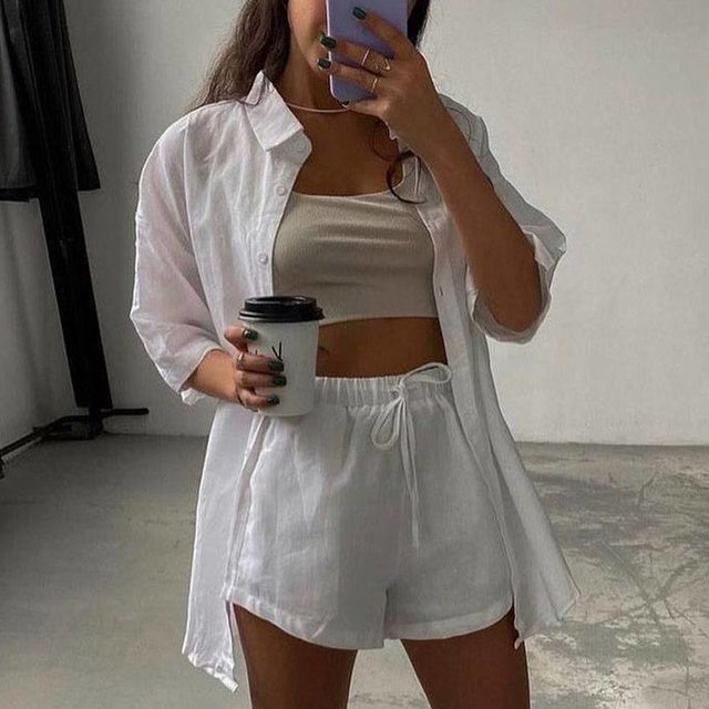 Casual Womem Yellow Lounge Wear Summer Tracksuit Shorts Set Long Sleeve Shirt Tops And Mini Shorts Suit New Two Piece Set