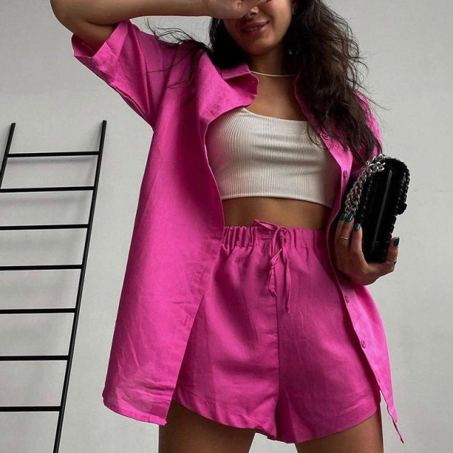 Casual Womem Yellow Lounge Wear Summer Tracksuit Shorts Set Long Sleeve Shirt Tops And Mini Shorts Suit New Two Piece Set