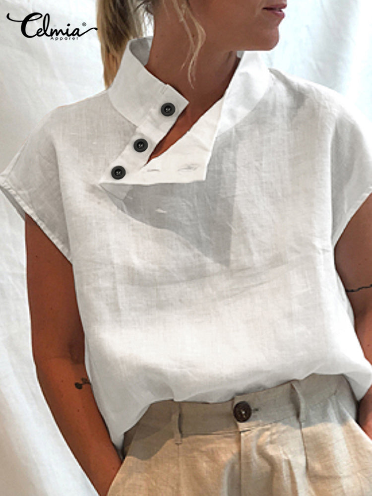 Celmia Women Short Sleeve Blusas Summer Cotton Linen Shirts Fashion Oversized Blouses Casual Loose Camisas Solid Tunic Tops