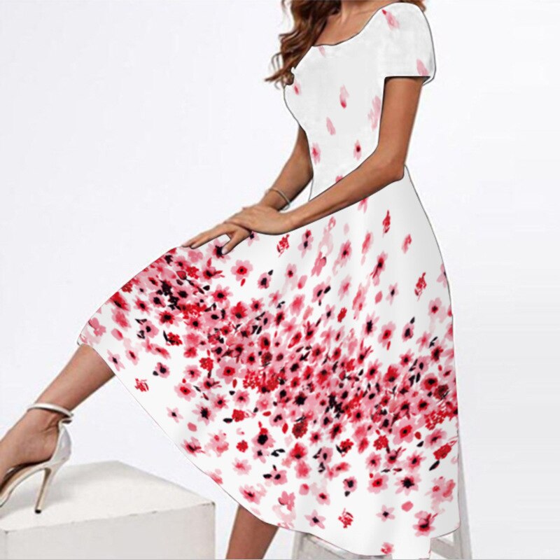 Spring Summer White Dresses Women Party Elegant Slim Short Sleeves Floral Print Long Dress Casual Vestidos Beach Dress