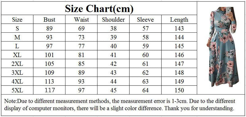 Plus size women's summer long super long dress casual long sleeve flower print dress casual high collar bandage Vestidos