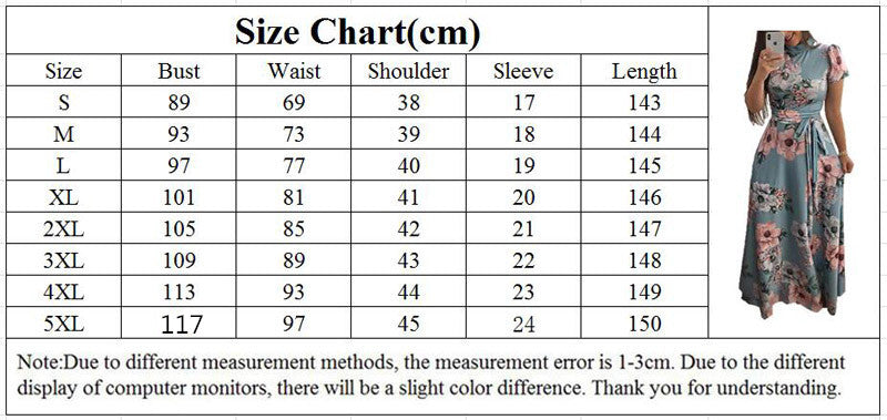 Plus size women's summer long super long dress casual long sleeve flower print dress casual high collar bandage Vestidos