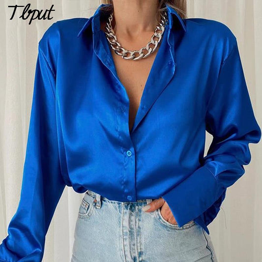 Women Elegant Satin Solid Long Sleeve Blouses Female Chic Vintage Blue Green Casual Loose Fitting Buttons Down Shirts Tops