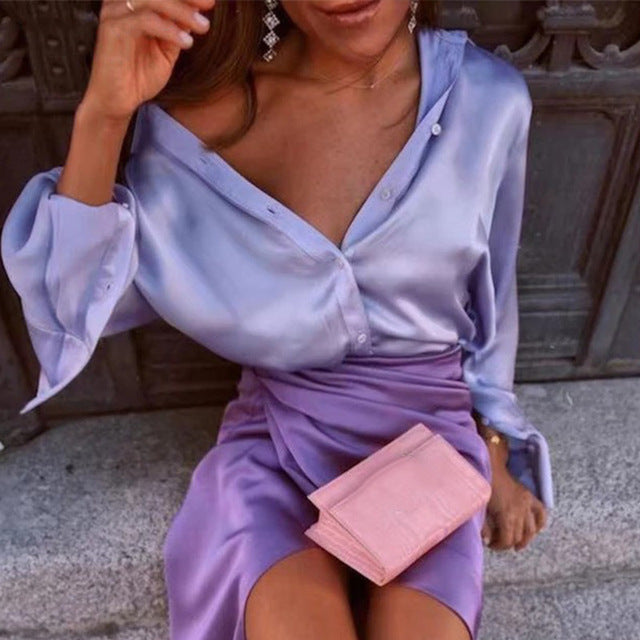Women Elegant Satin Solid Long Sleeve Blouses Female Chic Vintage Blue Green Casual Loose Fitting Buttons Down Shirts Tops