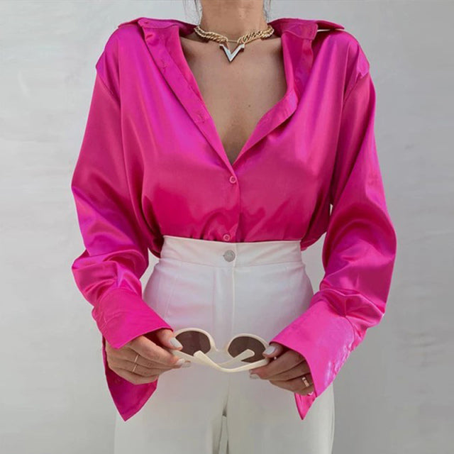 Women Elegant Satin Solid Long Sleeve Blouses Female Chic Vintage Blue Green Casual Loose Fitting Buttons Down Shirts Tops