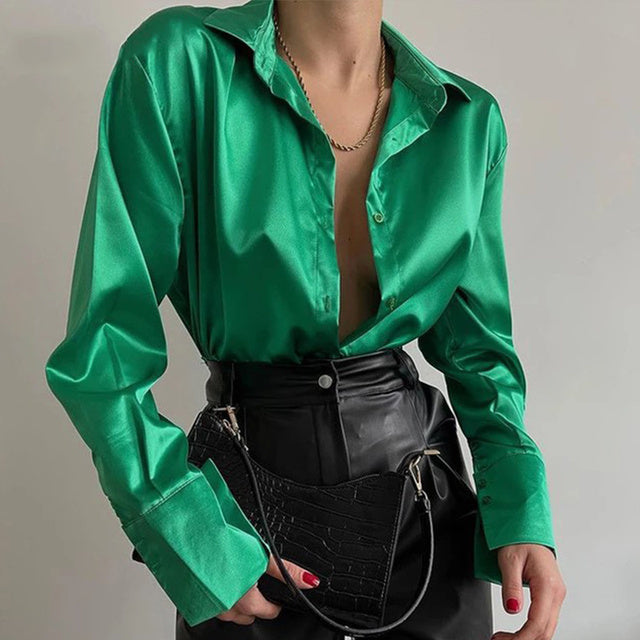 Women Elegant Satin Solid Long Sleeve Blouses Female Chic Vintage Blue Green Casual Loose Fitting Buttons Down Shirts Tops