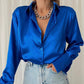 Women Elegant Satin Solid Long Sleeve Blouses Female Chic Vintage Blue Green Casual Loose Fitting Buttons Down Shirts Tops