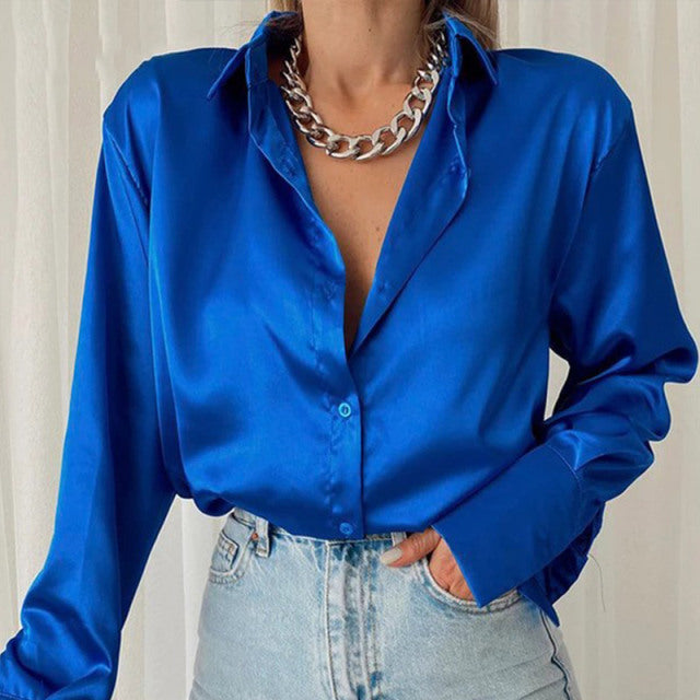 Women Elegant Satin Solid Long Sleeve Blouses Female Chic Vintage Blue Green Casual Loose Fitting Buttons Down Shirts Tops