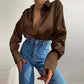 Women Elegant Satin Solid Long Sleeve Blouses Female Chic Vintage Blue Green Casual Loose Fitting Buttons Down Shirts Tops