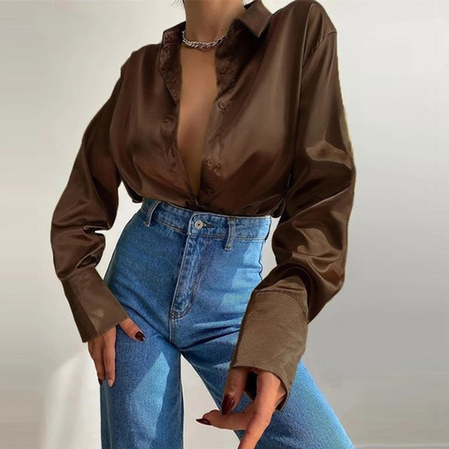 Women Elegant Satin Solid Long Sleeve Blouses Female Chic Vintage Blue Green Casual Loose Fitting Buttons Down Shirts Tops