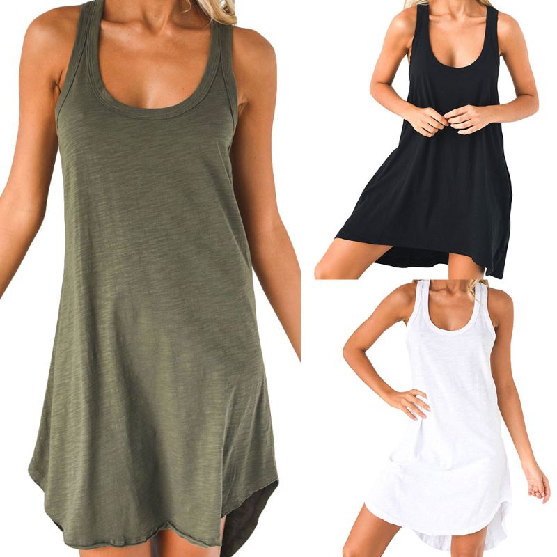 Women Sleeveless Loose Casual Solid Dress Summer Swing Mini Sundress Shirtdress