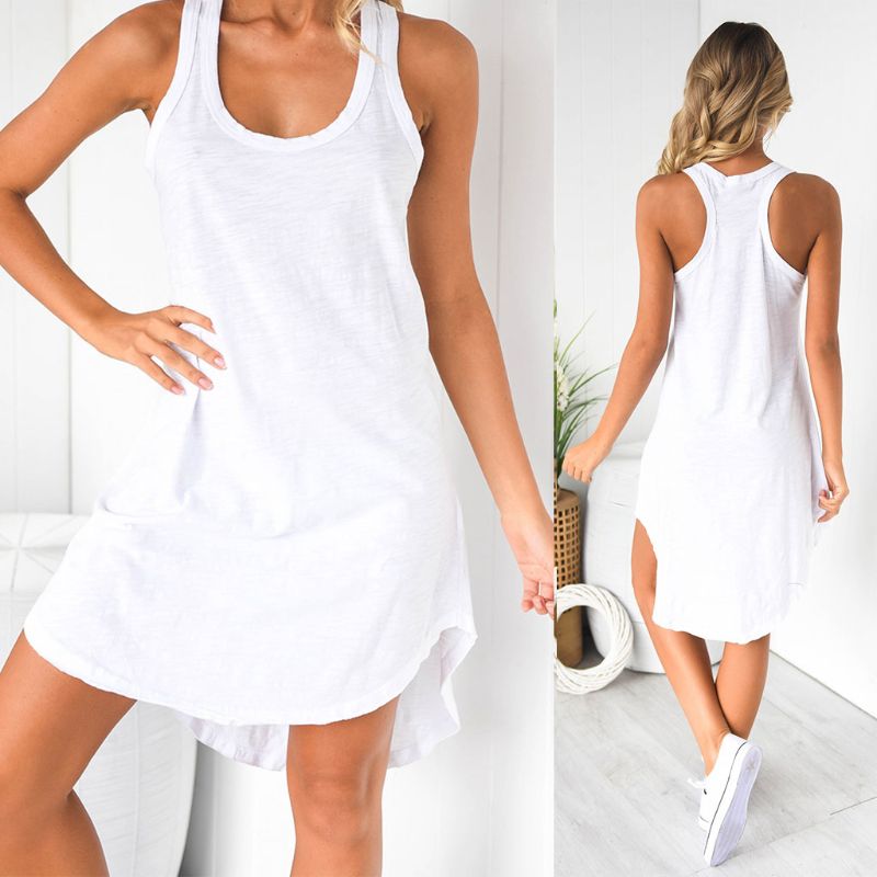 Women Sleeveless Loose Casual Solid Dress Summer Swing Mini Sundress Shirtdress