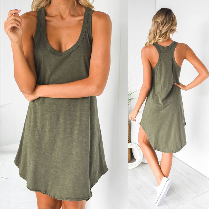 Women Sleeveless Loose Casual Solid Dress Summer Swing Mini Sundress Shirtdress