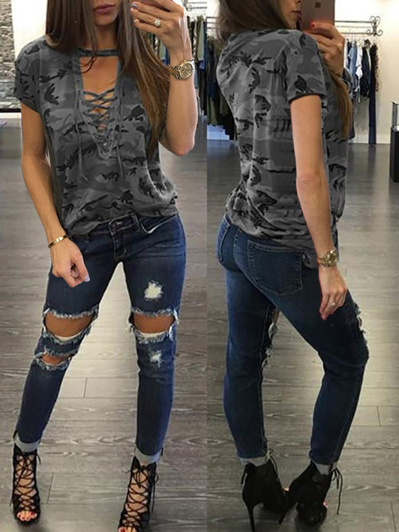 Fashion Women Summer Loose Top T-shirt Summer Short Sleeve Camo Sexy T Shirt Ladies Camouflage Printed Casual Tops T-shirt