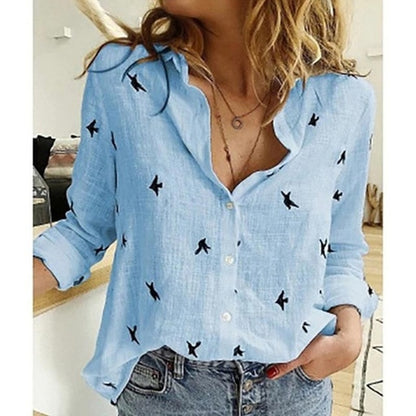 Casual Long Sleeve Birds Print Loose Shirts Women Cotton and Linen Blouses and Tops Vintage Streetwear Plus Size 5XL Tunic