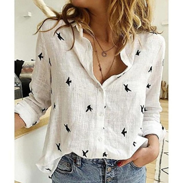 Casual Long Sleeve Birds Print Loose Shirts Women Cotton and Linen Blouses and Tops Vintage Streetwear Plus Size 5XL Tunic