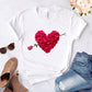 Heart flower print ladies T-shirt ladies casual basis O-collar white shirt short sleeve ladies T-shirt love graphic printing