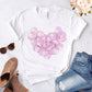 Heart flower print ladies T-shirt ladies casual basis O-collar white shirt short sleeve ladies T-shirt love graphic printing