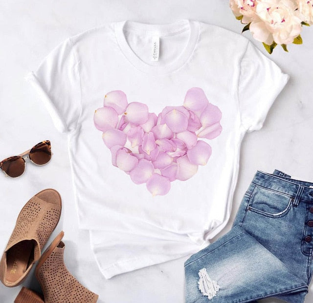 Heart flower print ladies T-shirt ladies casual basis O-collar white shirt short sleeve ladies T-shirt love graphic printing