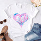 Heart flower print ladies T-shirt ladies casual basis O-collar white shirt short sleeve ladies T-shirt love graphic printing