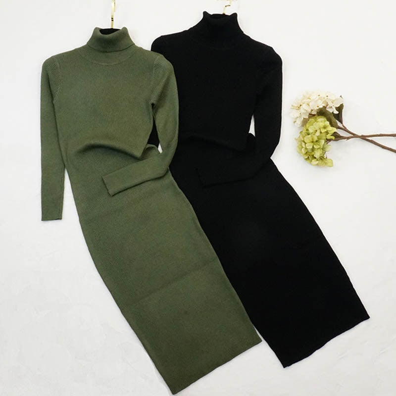 New Autumn Winter Women Knitted Dress Turtleneck Sweater Dresses Lady Slim Bodycon Long Sleeve Bottoming Dress Vestidos