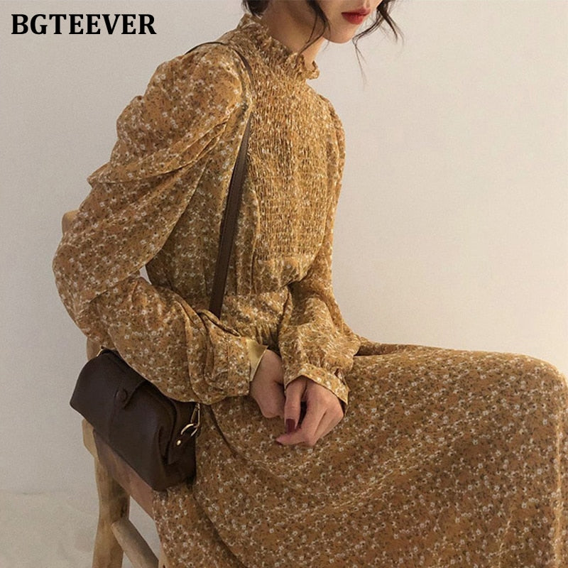 BGTEEVER Vintage Stand Collar Ruched Sleeve A-line Dress Women Floral Print Elastic Waist Female Dress Spring Vestidos femme 2021