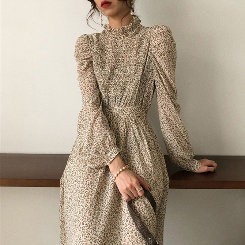 BGTEEVER Vintage Stand Collar Ruched Sleeve A-line Dress Women Floral Print Elastic Waist Female Dress Spring Vestidos femme 2021