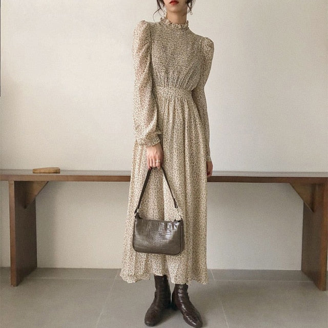 BGTEEVER Vintage Stand Collar Ruched Sleeve A-line Dress Women Floral Print Elastic Waist Female Dress Spring Vestidos femme 2021