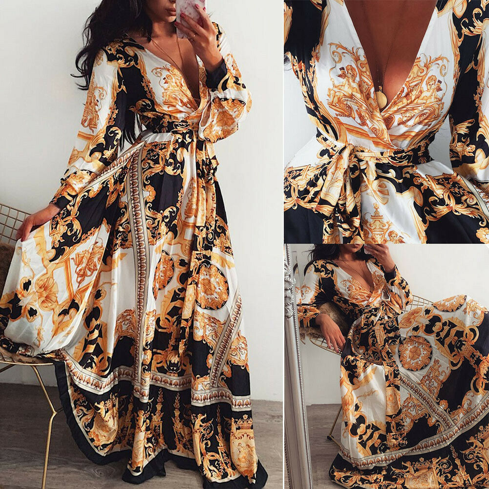 Women Boho Wrap Summer Long Dress Holiday Maxi Loose Sundress Floral Print V-neck Long Sleeve Elegante Dresses Cocktail Party