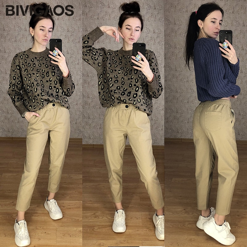 New Spring Women Clothing Straight Overalls Casual Harem Pants Korean Elastic Waist Triangle Buckle Cargo Pants Women