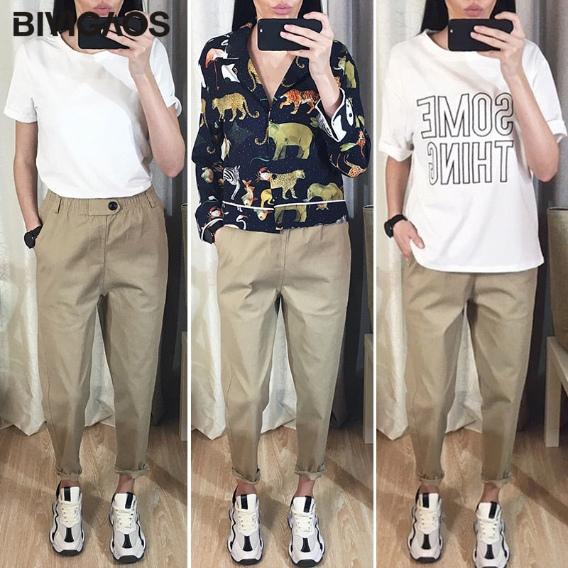 New Spring Women Clothing Straight Overalls Casual Harem Pants Korean Elastic Waist Triangle Buckle Cargo Pants Women